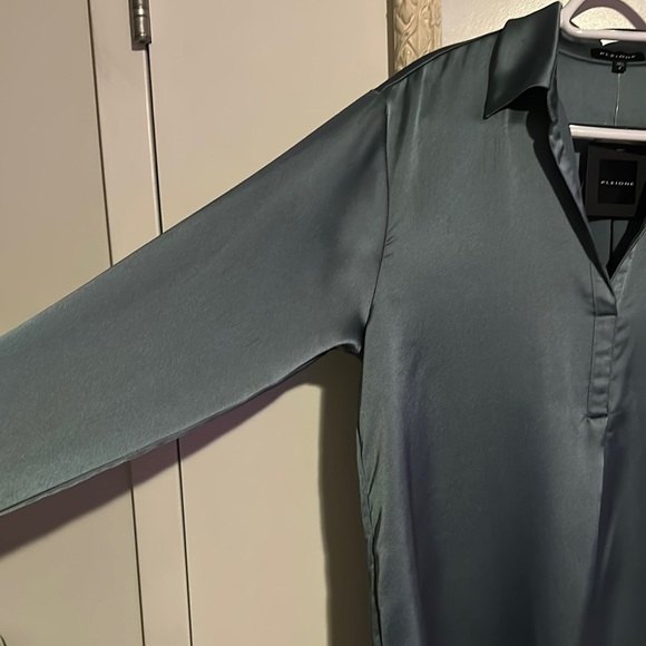 PLEIONE | Anthropologie Dusty Blue Long Sleeve Polo Satin Blouse - Picture 8 of 13